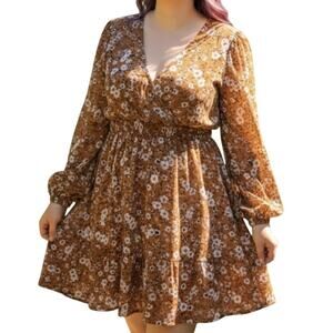 NY Collection Brown Floral Boho Midi Dress Plus 3X Smocked Waist Long Sleeve